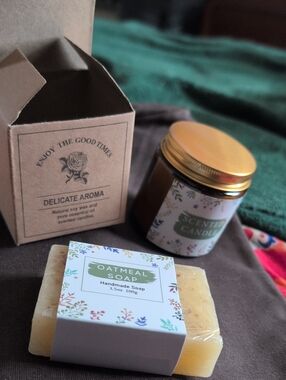 Handmade Oatmeal Soap & Scented With Essential Oil Candle Set